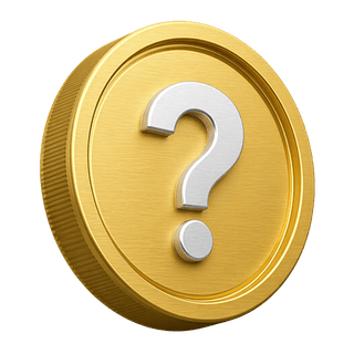 On the FAQ page, a decorative 3D gold coin bearing a question mark